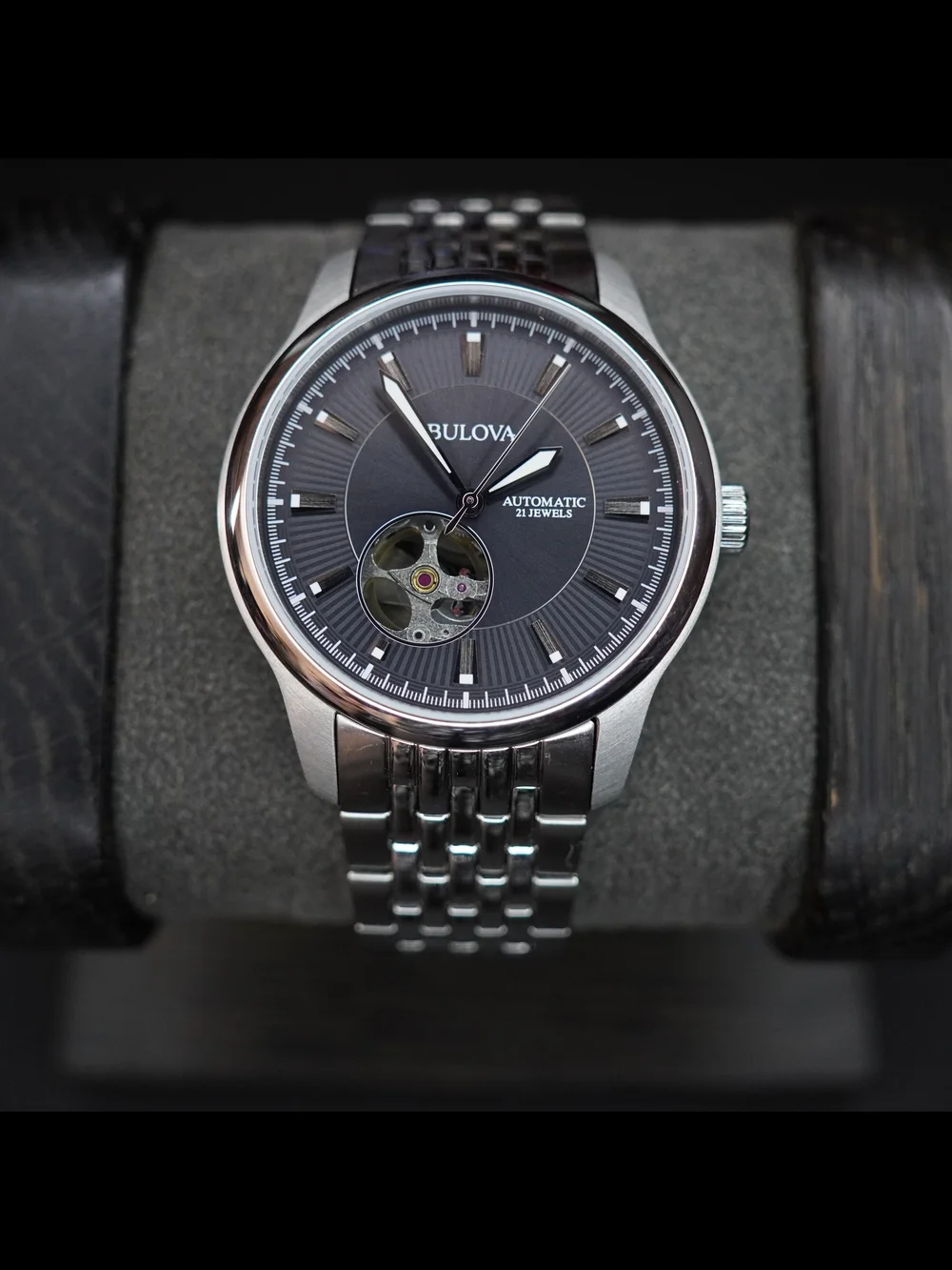 Bulova 96A190 Automatic 21 Jewels Open Heart Black Dial 40mm Men's Watch Runs